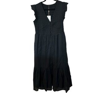 Quince Women’s Organic Textured Cotton Smocked V-Neck Midi Dress Black Sz L NWT